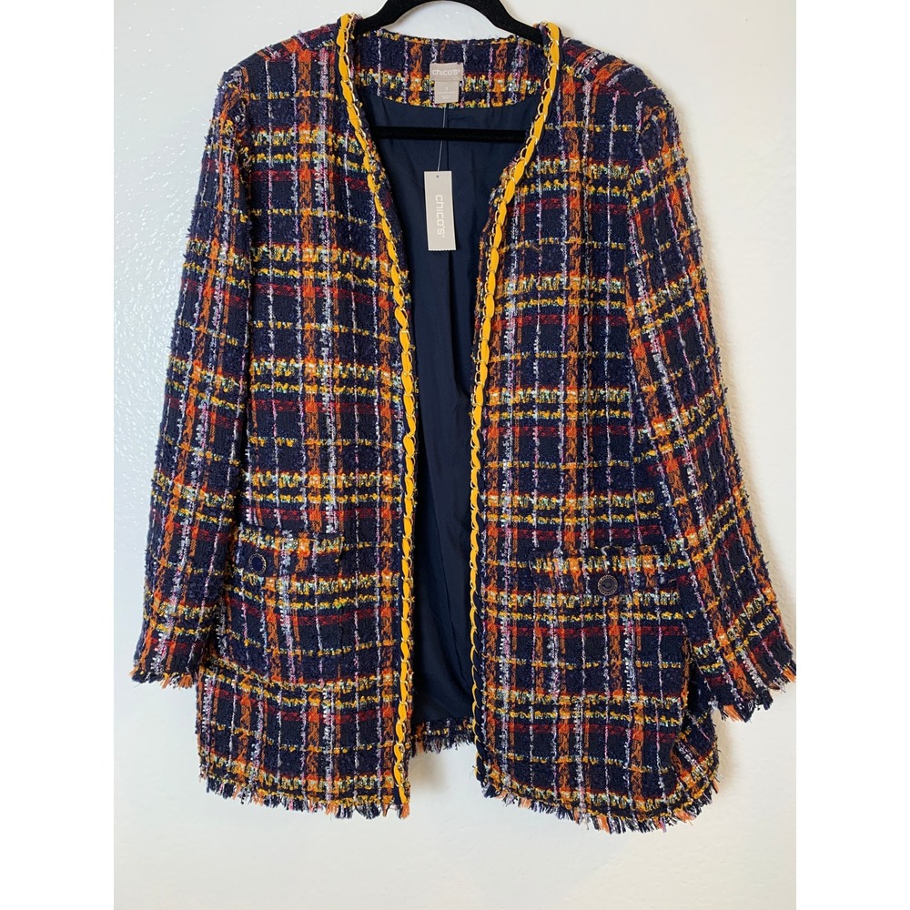 Chico's Tweed Jacket Women Size 3 16/18 Multi NWT Plaid Metallic Chain Blazer